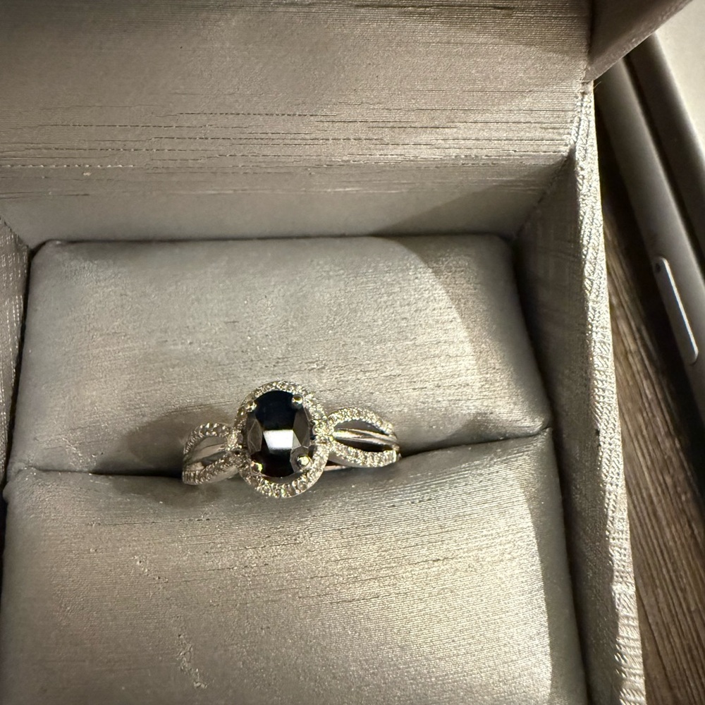 Sapphire & Diamond Oval Halo Ring – 10K White Gold